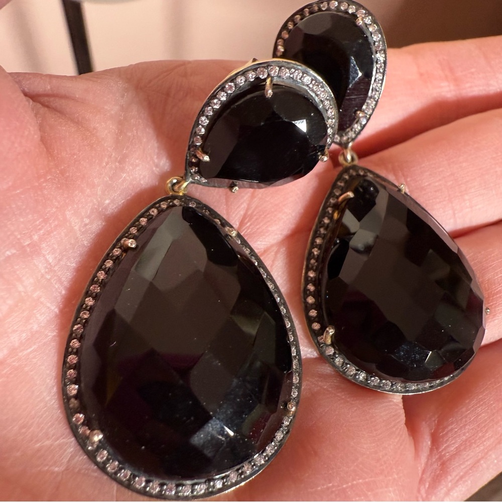 Sterling silver pear shape Black glass topaz halo oversized dangle earrings - Picture 15 of 15